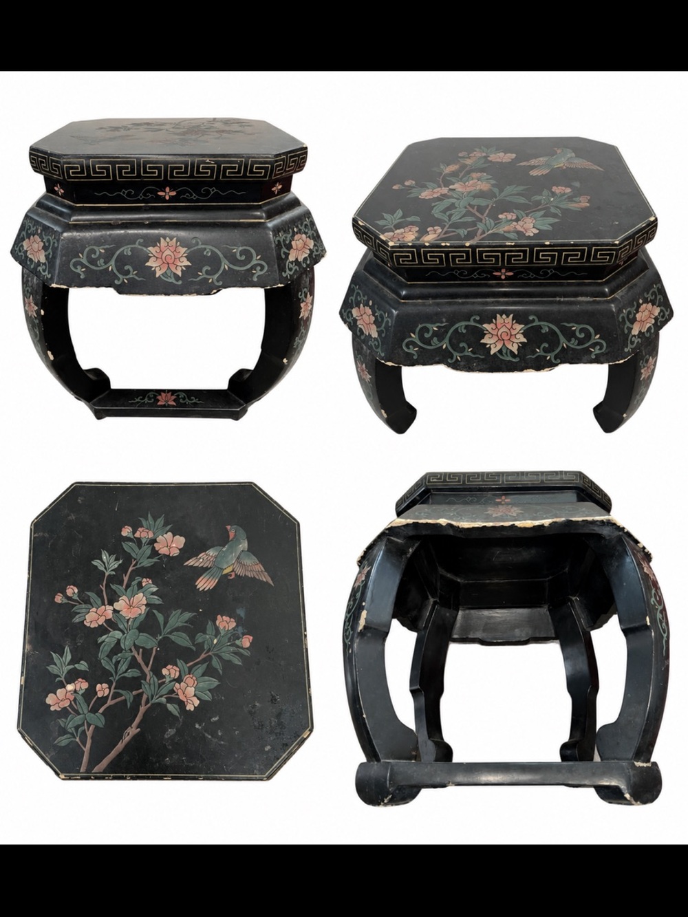 vintage Chinese black lacquer garden stool, often used as a side table.